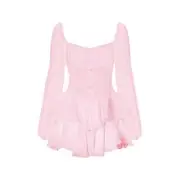 Puff-Sleeve Sweetheart-Neckline Plain Mini A-Line Layered Dress Padded - Pink - S