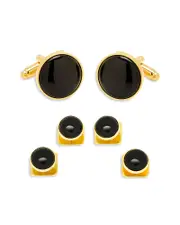 Cufflinks Inc Gold-Tone Onyx Round Stud & Cufflink Set