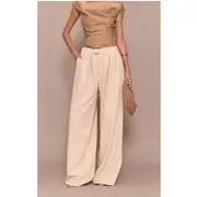 Premium Sand Tailored Pleated Lined Wide Leg Pants, Sand