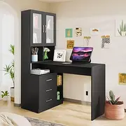 Luxsuite Computer Desk with Bookcase Office Desk Study Table Writing Table Shelving Bookshelf Workstation with Drawers Shelves Cabinets White Home Office Black