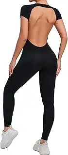 [Qszmjo] Women Backless Tummy Control One Piece Sport Workout Jumpsuits Unitard Butt Lift Back Cutout Gym Yoga Romper Bodysuits
