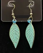 Verdigris Bronze Tone Leaf & Glass Bead Earrings by Neanie-Bot