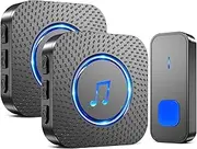 SURFOU Wireless Doorbell, Wireless Doorbell Set, 400 m Range, Outdoor, Waterproof, Front Door with 2 Receivers, Battery Operated Bell, Radio Transmitter with LED Flashing, 5 Vol. 55 Melodies, Black