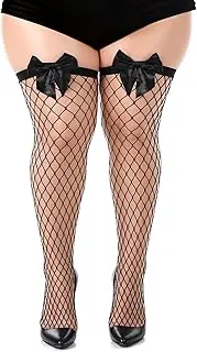 [Quilax] Plus Size Fishnet Stockings, Women's Fishnet Thigh High Socks with Bows, Plus Size Thigh High Fishnett Socks, Black Stockings for Women