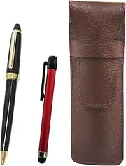 SASTYO-ALR-600B-B Chevrolet Choco Color Cowhide Pen Case Metal Touch Stick Red and Neo D-600 Ballpoint Pen Set Black