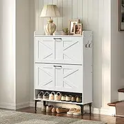 MAHANCRIS Shoe Storage Cabinet, Shoe Organizer with 2 Flip Drawers, Hidden Shoe Storage for Entryway, Freestanding Organizer with Open Storages, White SHWT9401