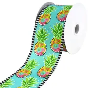 Floral Pineapples Striped Edge Ribbon, 2-1/2-inch, 10-yard, Light Blue
