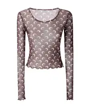 mesh round-neck blouse M Brown