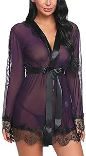 [UDRJU] Women Dress Pajamas Lingerie Sexy Bathrobe Nightgown-Purple_XL