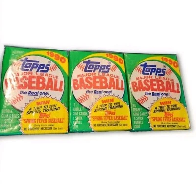 Three Unopened 1990 Topps Baseball Card Wax Packs-16 Cards & Gum