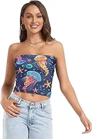 [RPLIFE] Colorful Jellyfish Starfish Blue Womens Crop Tube Top, Going Out Crop Top, Sheer Tube Tops, Sexy Tube Tops (S)