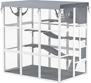 PawHut Catio Outdoor Cat Enclosure, 71" Large Wooden Cat House w/Weatherproof Tarp, Walk in Kennel Cage with Hammock, Condo, Platforms, Ladders, Ramps, for 2-4 Kittens, Grey