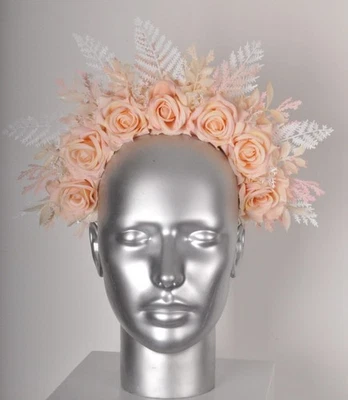 Peach Pink White Cream Fern Rose Peony Floral Flower crown Fascinator Headband