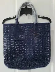 NWT Tory Burch Perforated Laser Cut Navy Blue Tote Bag