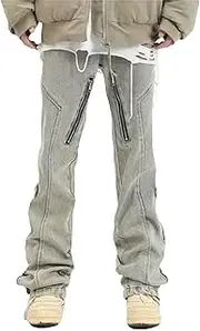 [Generic] Men Straight Jeans Side Zipper Patchwork Slim Full Length Japanese Style Denim Trousers