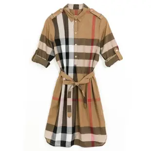 【BURBERRY 巴寶莉】BURBERRY 格纹束腰 襯衫式連衣裙-棕色