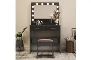 Vanity Set with Cushioned Stool and Lighted Mirror- Black