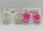 Lot of 2 New Pr 1980's Funky Lucite Clip On Earrings Pink/Silver & Clear/Silver