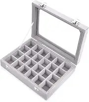Ivosmart 24 Section Velvet Glass Jewelry Ring Display Organiser Box Tray Holder Earrings Storage Case (Grey)