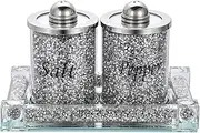 JUXYES Set of 3 Sparkle Glass Crystal Crushed Diamond Salt and Pepper Shakers with Tray, Luxurious Diamond Style Salt Pepper Jar Canister Storage Pots for Kitchen Counter Dining Room Home Décor