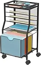 BOHDK Rolling File Cart, 6-Tier Under Desk Organizer on Lockable Wheels, Black Wood Planks & Mesh File Cart with Sliding Drawer and Paper Trays for Office Home School, 14.8" L x 11.8" D x 27.7" H