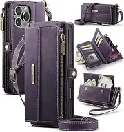 XIMAND for iPhone 14 Pro Max Wallet Case with 9 Card Slots RFID Blocking Magnetic Closure Zipper Cash Bills Pocket, PU Leather with Crossbody Wristlet Strap - Purple
