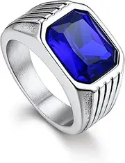 [Bandmax] Gemstone Signet Rings for Men, Stainless Steel Fancy Cut Cubic Zirconia Rings Blue Topaz/Emerald/Black Onyx/Ruby Ring Statement Ring Wedding Ring Size 7-14