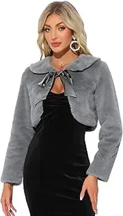 [Allegra K] Women's Elegant Faux Fur Shrug Peter Pan Collar Bow Tie Open Front Fluffy Cropped Jacket