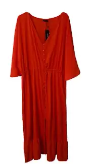 Boohoo Plus Red Maxi Dress Size 28 (US 24) Button Up Elastic Waist Polyester NWT