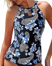 [Tempt Me] High Neck Tankini Top Backless Bathing Suit Tops for Women Swimsuit Top Key Hole Swim Top Only