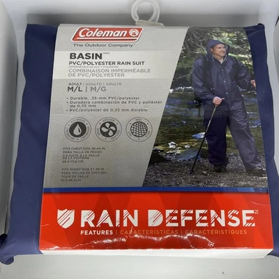 COLEMAN BASIN PVC/POLYESTER RAIN SUIT W/CARRY BAG ADULT M/L BLUE BRAND NEW
