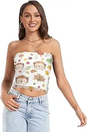 [RPLIFE] Cute Hedgehogs Mushrooms White Women's Tube Top, Sleeveless Crop Top, Mesh Tube Tops, Trendy Crop Tops (S)