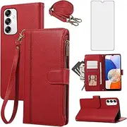 [Asuwish] Phone Case for Samsung Galaxy A14/M14 5G Zipper Wallet Cell Cover with Tempered Glass Screen Protector Crossbody Strap Lanyard Credit Card Holder Leather A 14 4G 14A 14M G5 Women Men Girls Red
