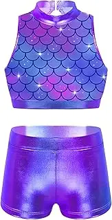 [TiaoBug] Kids Girls Shiny Sequins Dance Costumes Ballet Gymnastics Leotard 2 Pieces Dance Outfits Crop Tops and Shorts