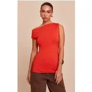 Tomato Red Slinky Asymmetric Ruched Detail Long Top, Tomato Red