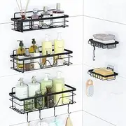 Vtopmart 5 Pack Shower Caddy Bathroom Shelves with 4 Hooks, 2 Soap Holders, Self Adhesive Bathroom Storage for Inside Shower, Stainless Steel Bathroom Organiser for Kitchen, Restroom, Black