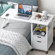 2 in 1 Foldable Overbed Table with Wheels, Bedside Table Adjustable Height, Mobile Computer Desk Laptop Table, Standing Over Bed Table for Hospital and Home Use,White b