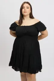 Black Crinkle Rayon Blend Tiered Minidress