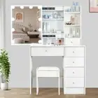 6 Drawers Dressing Table and Stool Set W/ LED Lighted Sliding Mirror Makeup Desk