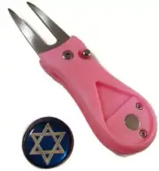 JEWISH STAR of DAVID BALL MARKER PINK SWITCHBLADE GOLF DIVOT REPAIR TOOL NEW
