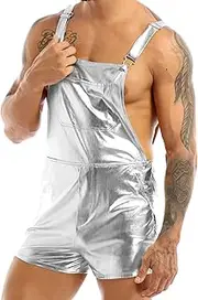 [Hedmy] Men Shiny Metallic Shorts Dungarees Suspender Hot Pants Bodysuit Leotard Bib Overall Jumpsuits