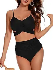 [Evolyline] Women's Bikini Set Tummy Control V Neck Wrap Look High Waist Bikini Swimwear Floral Pattern Cross Back Sexy Bikini Women's Tummy Control Two Piece Swimsuit, Black, S