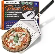 Perforated Pizza Peel 12 inch with 10 inch Folding Handle - Stainless Steel Spatula Paddle for Effortless Pizza Transfer & Easy Storrage - Outdoor Pizza Oven Accessories by KitchenStar
