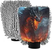 XYMZR Dragon Fire Black Absorbent Microfiber Car Wash Mitt, Funny Cute Anime Scratch Free for Cars Cleaning, Home Cleaning Mitts, 2 Pack, 10.24” L x 7.09” W