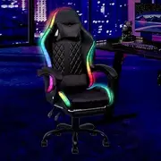 ADVWIN Gaming Chair with 7 Massagers and 12 RGB LED Lights Ergonomic Office Computer Chair with Footrest, Racing Recliner, Adjustable Height and Angle, Black&White