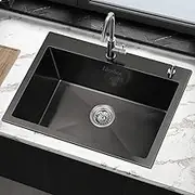 ALFORDSON Kitchen Sink Single Bowl with Basket & Waste Strainer, 600 x 450 x 220mm, 304 Stainless Steel Water Basin Sinks with 3mm Thick Edge & Nano Coating in Black Colour
