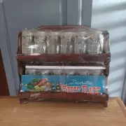 Vintage NOS K.M. Decorative Wooden Spice Rack With Jars & Labels New