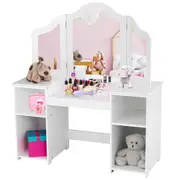Costway Vanity Table Makeup Dressing Table Writing Desk w/Tri-Folding Mirror & 4 Large Shelves White