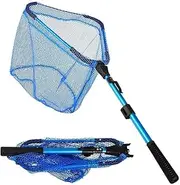 Folding Fishing Net for Freshwater Saltwater, Landing Net for Fishing, Collapsible Kayak Fishing Net, Rubber Fishing Net for Trout, Catfish, Bass, Telescopic Aluminum Pole Handle