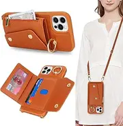 for iPhone 12 Pro Case with Card Holder and Strap - Zipper Pocket,Crossbody Lanyard Strap,Credit Card Holder,Stand Ring,Cute Phone Wallet Case for Women(Brown,6.1 Inch)